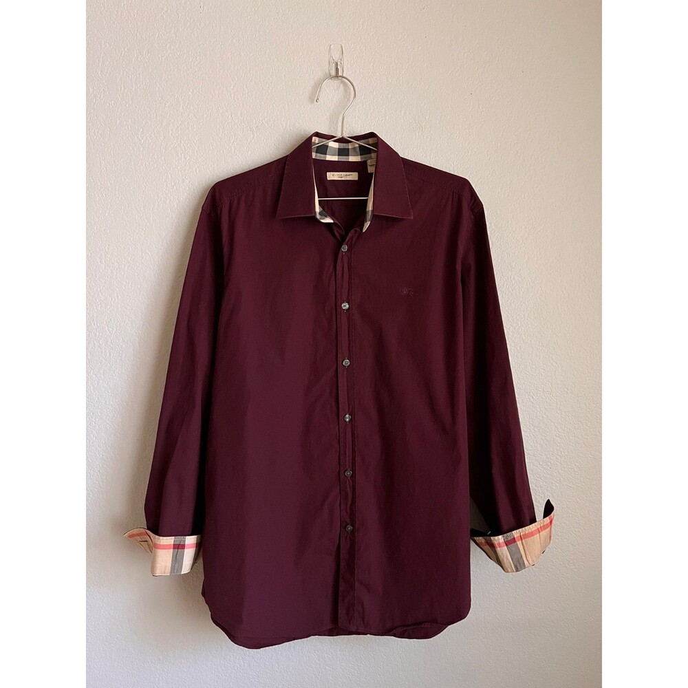 Burberry Brit Nova Check Cuff Cotton Poplin Shirt in Deep Maroon Size LARGE